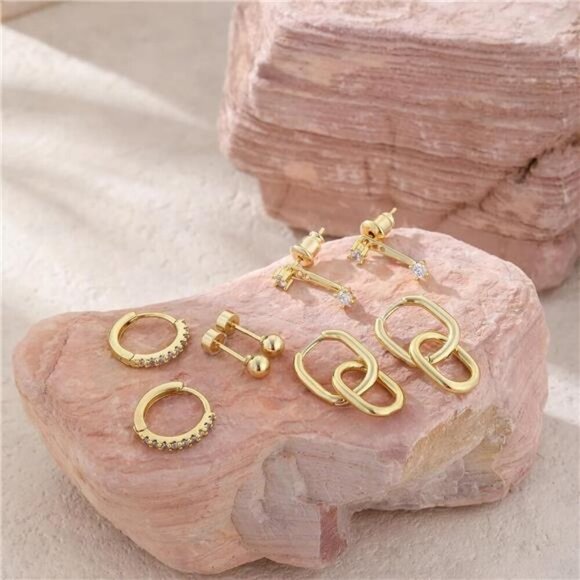 Gold Hoop & Stud Earring Set–Layered Look with Minimalist Set Sparkle & Shape - Picture 5 of 7